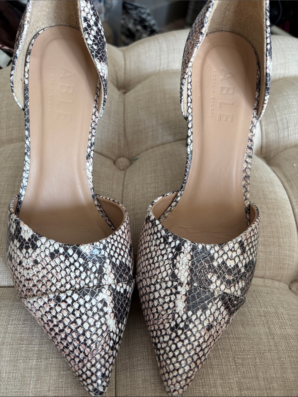 ABLE Neutral Snake-Print Pointed Slingback Heels